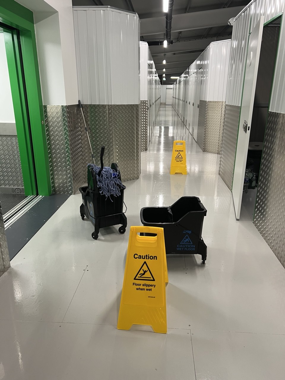 Commercial corridor cleaning with professional equipment